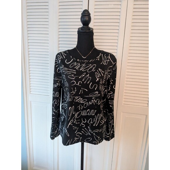 Josephine Chaus Studio Top Womens M Blouse Black White Script Graffiti Pullover - Picture 1 of 12